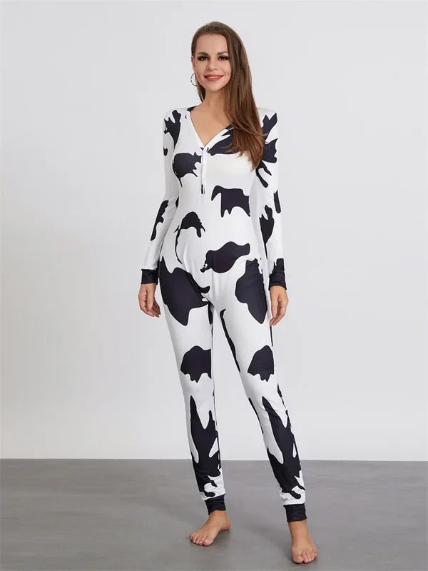 Women Buttoned Flap Jumpsuits Sleepwear Cow Printed Long Sleeve V Neck Bodycon Romper Spring Fall Loungewear