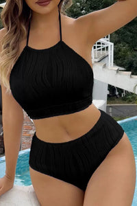 Black Textured O Ring Connected Halter Backless Bikinis