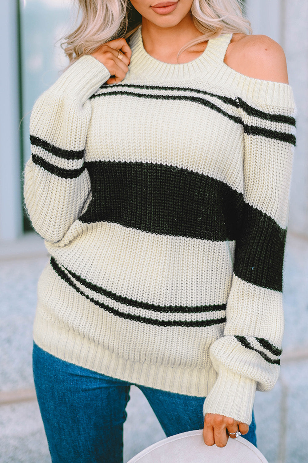 Black Striped Cold Shoulder Knit Sweater