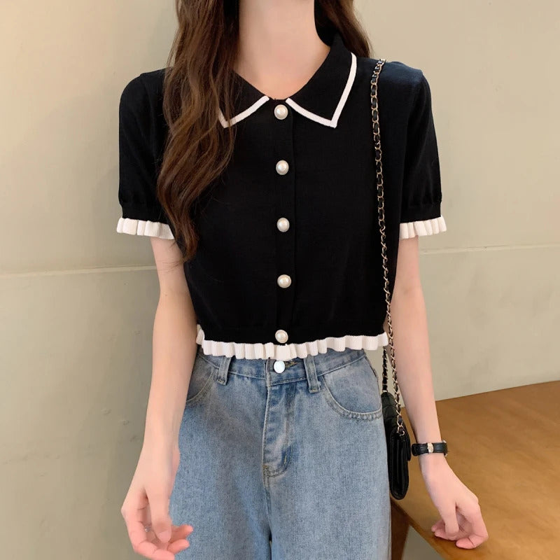 Sweet Women Shirt Korean Knitted Turn Down Collar Chic Short Sleeve Female Blouse Summer Retro Slim All Match Ladies Crop Tops