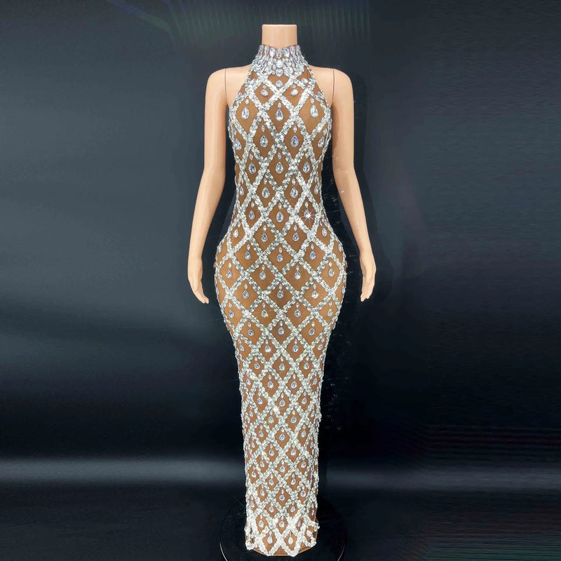 2024Sparkly Silver Big Rhinestone Transparent Long Dress Evening Birthday Celebrate Luxurious Costume Dancer Flashing prom Dress