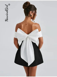 Sexy Backless Big Bow Mini Dress Women Elegant Off Shoulder Sleeveless Party Dresses 2024 Fashion Strapless Christmas Robe Lady