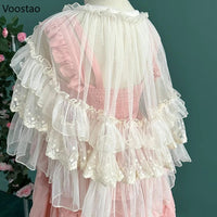 Lolita Short Shawl Coat Women Sweet Kawaii Lace Mesh Open Front Poncho Gothic Girls Retro Cute Princess Capes Cardigan Outerwear