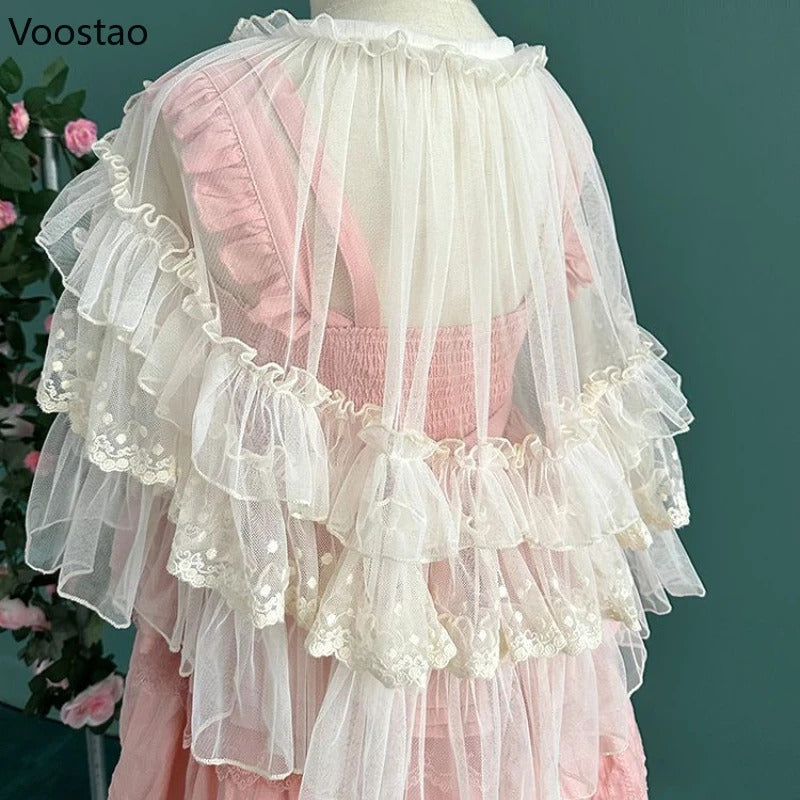 Lolita Short Shawl Coat Women Sweet Kawaii Lace Mesh Open Front Poncho Gothic Girls Retro Cute Princess Capes Cardigan Outerwear