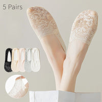 5 Pairs Of Fashionable Women's Summer Non Slip Invisible Ankle Socks Wth Lace Flower Style Socks