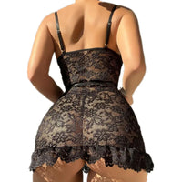 Women Mini Dress Sleeveless Backless Porno Pajamas Floral Lace Erotic Nightwears+Thongs Sexy Short Transparent Dresses