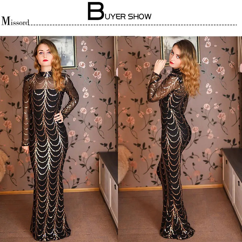 Missord Wave Sequin Party Dresses Elegant Women High Neck Long Sleeves See Though Bodycon Evening Prom Dress With Line Long Gown