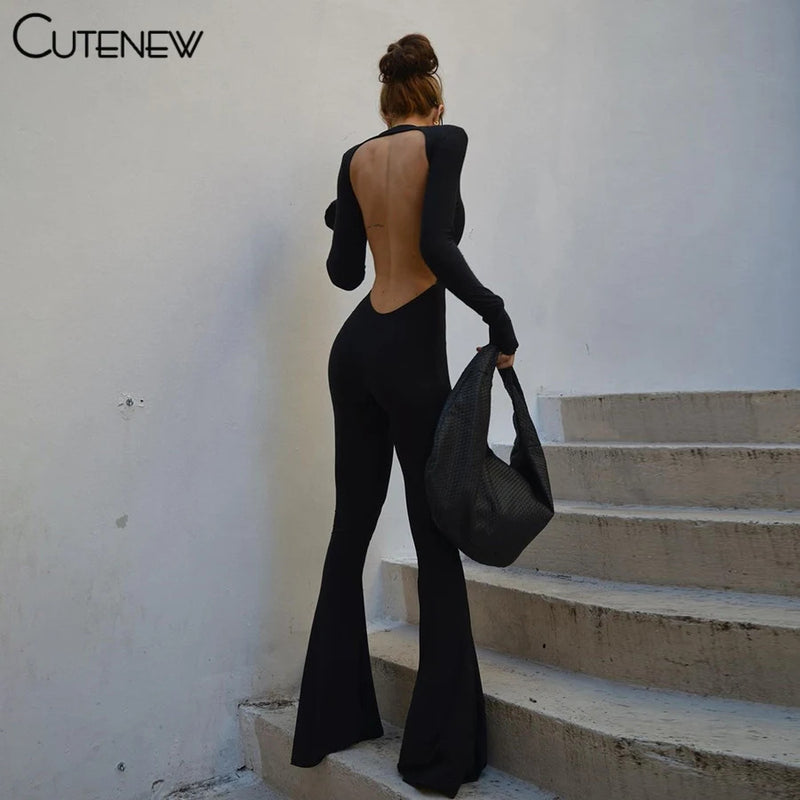 Cutenew Solid Black Sexy Backless Bodycon Wide Leg Jumpsuit Women Autumn Casual Slim Long Sleeve O-Neck Playsuit Lady Streetwear