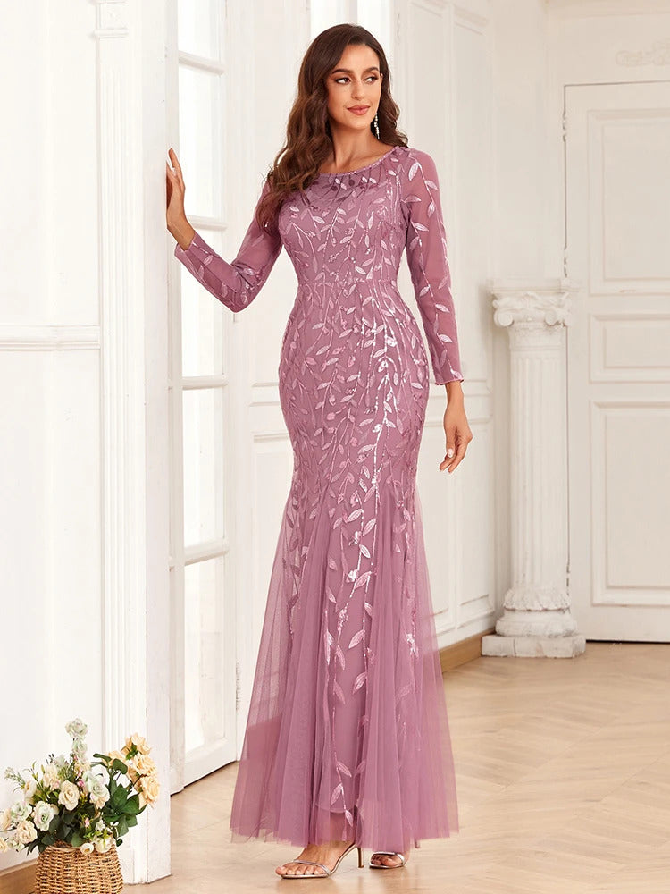 2024 Hot Sale Mermaid Evening Dresses O-Neck Full Sleeve Tulle Embroidery Long Party Gown Elegant Formal Dress