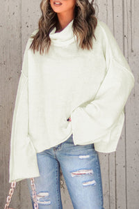 White Expose Seam Turtle Neck Side Slit Oversized Sweater