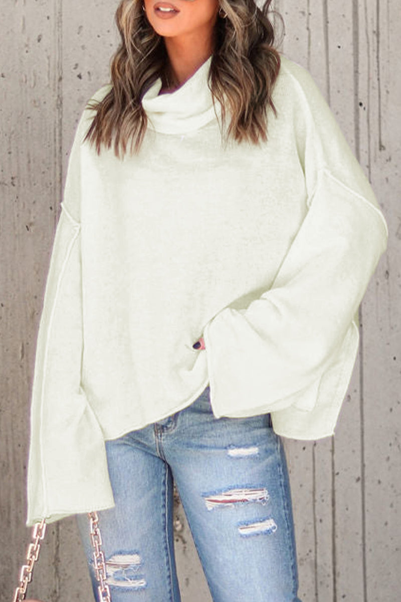 White Expose Seam Turtle Neck Side Slit Oversized Sweater