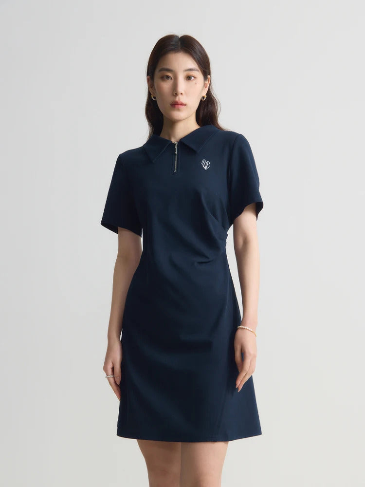 DUSHU Polo Dress Cotton Summer Long Women T Shirt Dress A-LINE Skirts Pleated Design Knee-Length Dress 24DS82109+24DS82316