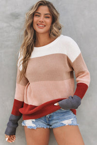 Chestnut Color Block Knitted O-neck Pullover Sweater