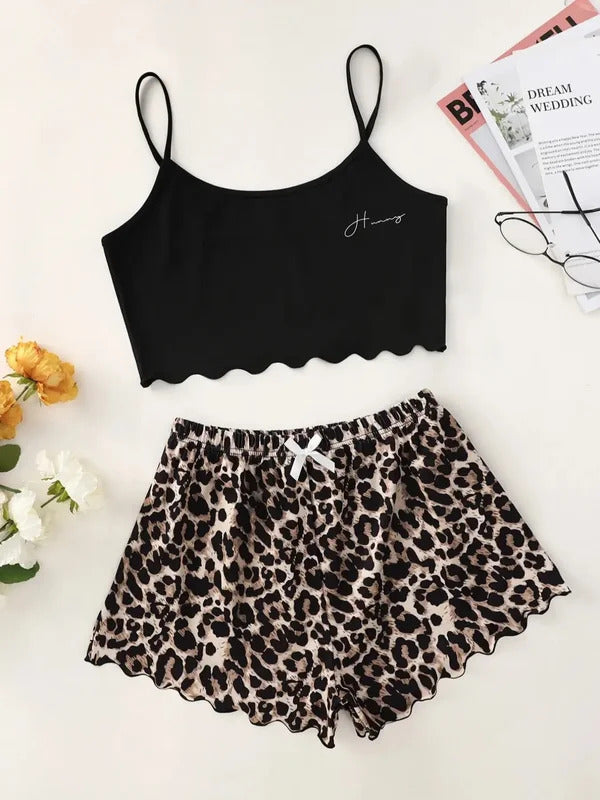 Women's Pajamas Set Sexy Lingerie Leopard Print Sling Sleepwear V-Neck Sleeveless Top and Shorts Sets Pyjamas Homewear