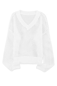 White Hollow Out Knitted Loose Fit V Neck Sweater