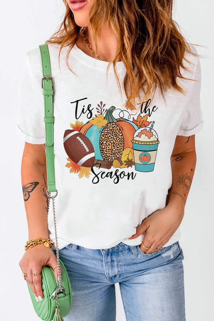 White Tis The Season Pumpkin Graphic Print Crew Neck T Shirt