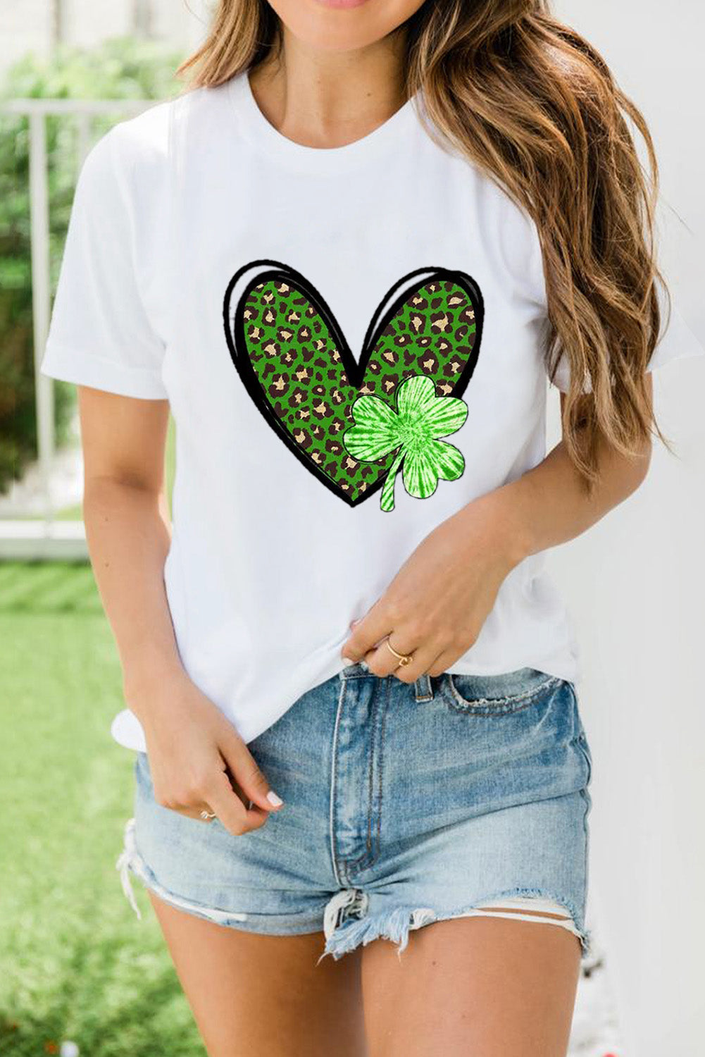 White Clover Leopard Heart Shaped Print Crewneck Graphic Tee