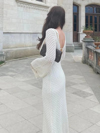 Sexy Women White Long Knit Sleeve Bikin Fashion Cover up Female See-Through Deep V-Neck Hollow-Out Beach Knitwear Backless Dress