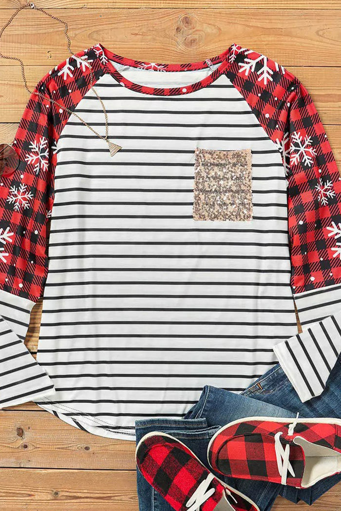 Stripe Christmas Plaid Striped Patchwork Long Sleeve Top