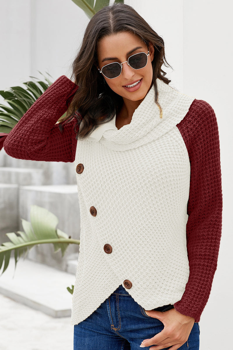 Red Button Turtle Cowl Neck Asymmetric Hem Wrap Pullover Sweater