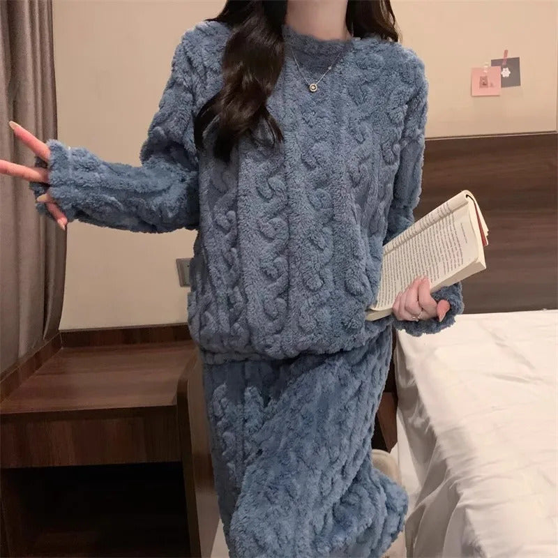 Thickened Warm Sleepwear for Winter Women Flannel Suit Student Pajamas Homewear Tops and Pants Striped Nightwear Loungewear