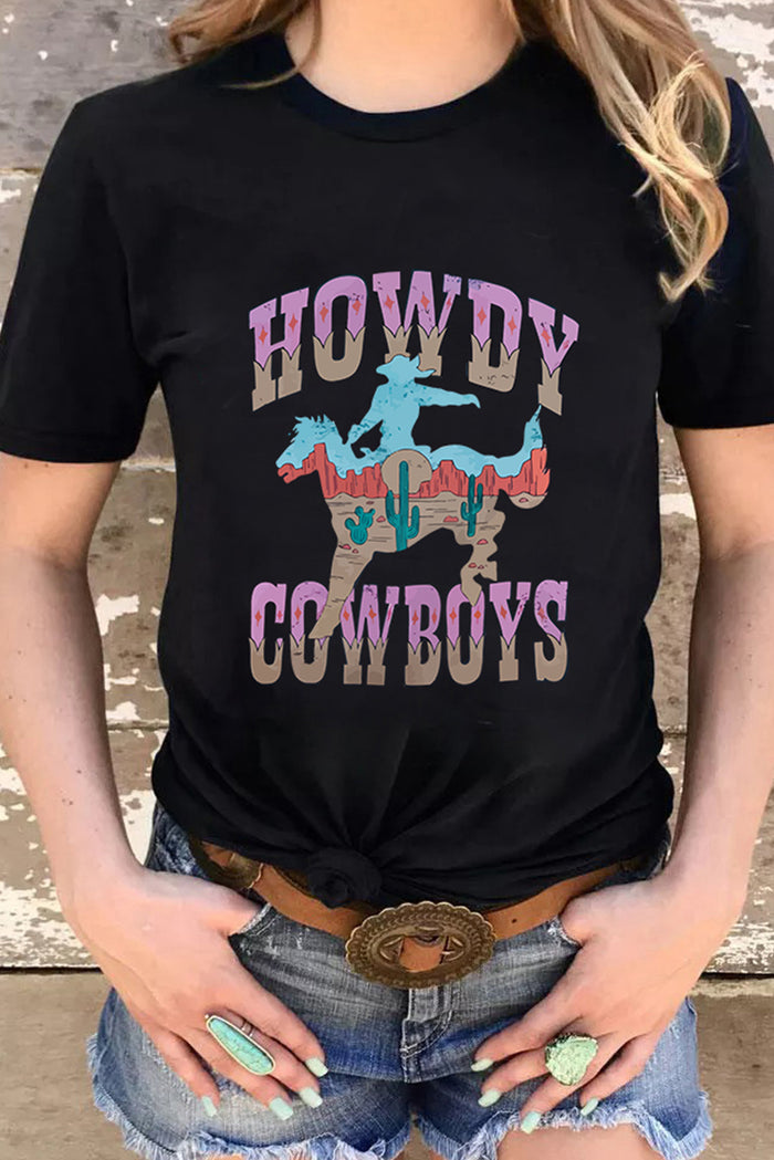 Black HOWDY COWBOYS Western Fashion Graphic Tee