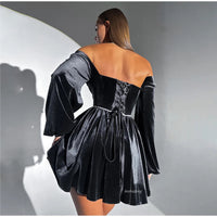 Elegant Velvet Strapless Mini Dresses Women Solid Off Shoulder Long Sleeved Dress Female 2025 Autumn Chic Evening Party Robes