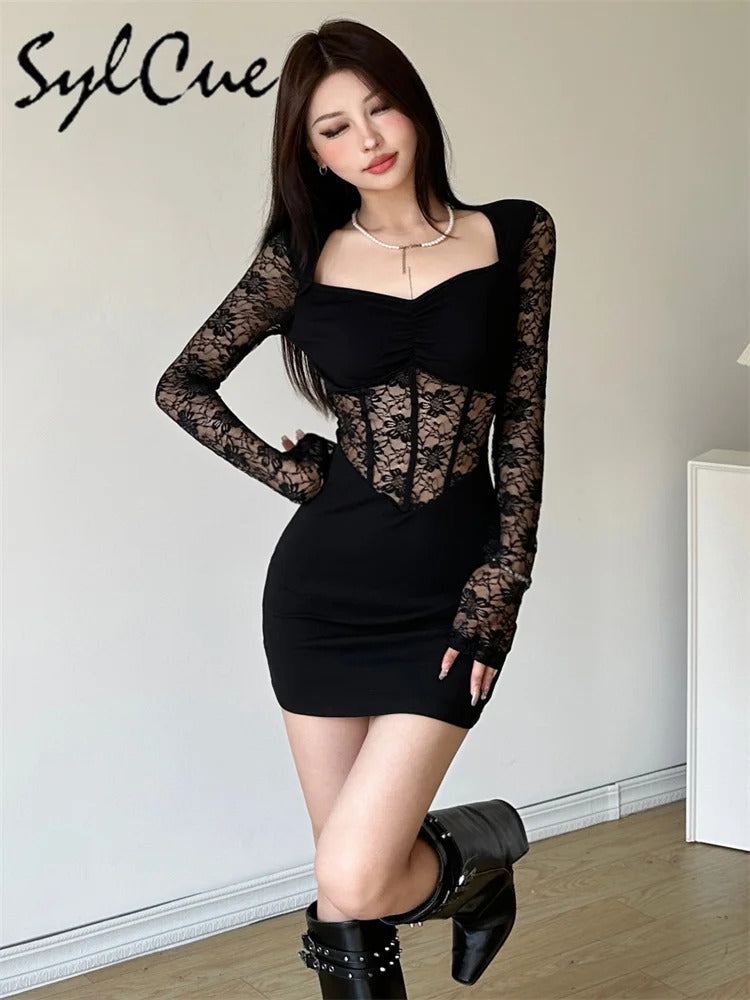 Nibber Black Mysterious Sexy Lace Stitching Mature Fishbone Beautiful Sweet Gentle Women'S Winter Long Sleeve Hip Short Dress