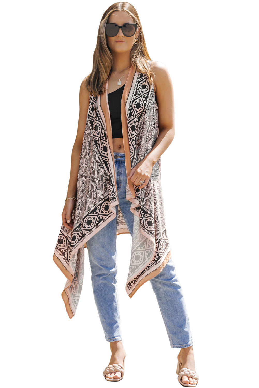 Khaki Western Fashion Print Sleeveless Kimono