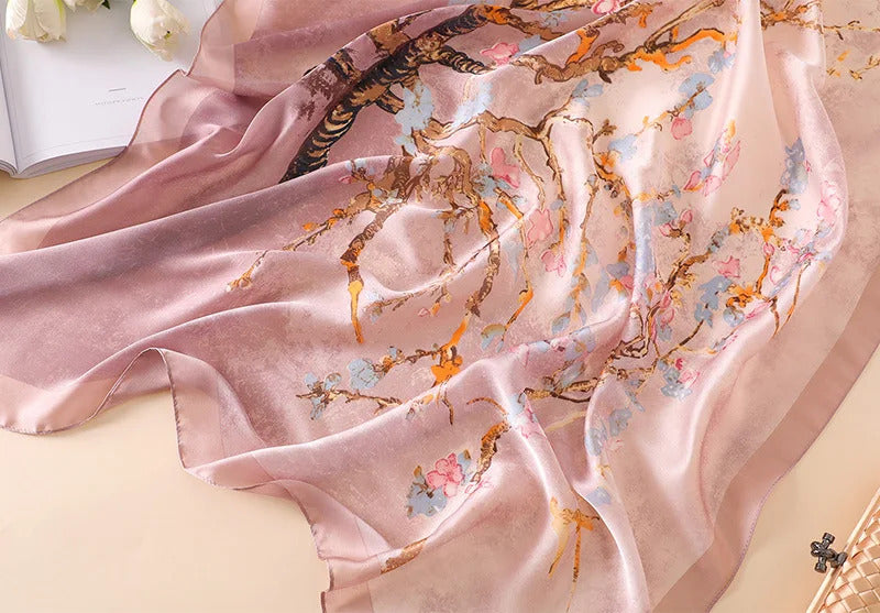 Fashion Luxury Brand Van Gogh Oil Painting Silk Shawl Scarf Lady Apricot Floral Silk Turban Head Hijab Femme Wraps Foulard Snood