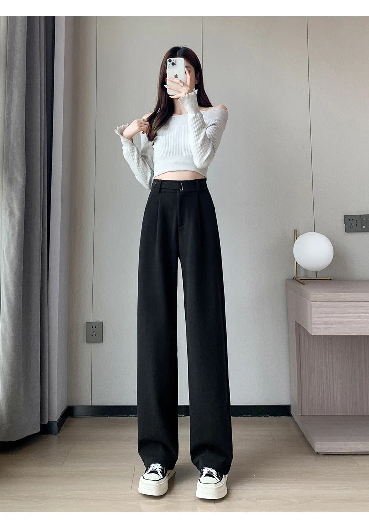 Seoulish Autumn Winter Thicken Woolen Casual Loose Full Length Pants 2023 New Button High Waist Chic Wide Leg Trousers Female