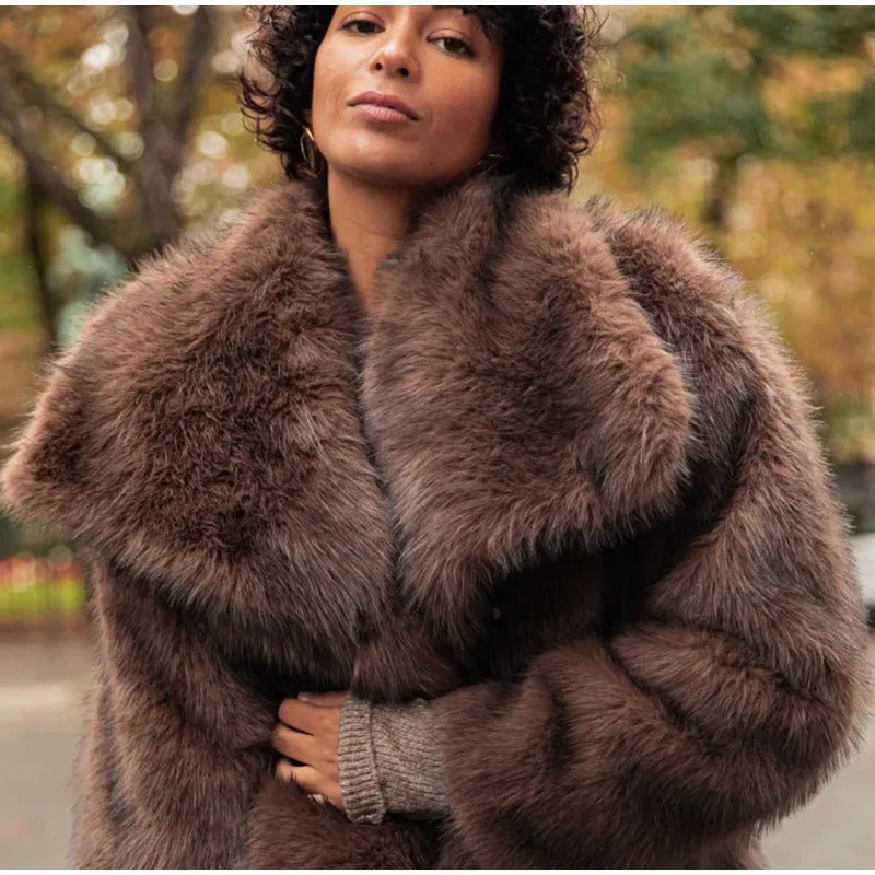 Dark Brown Faux Fur Long Overcoat For Women Fashion Lapel Single Breasted Loose Fluffy Plush Warm Coat Winter Thicken Outerwear