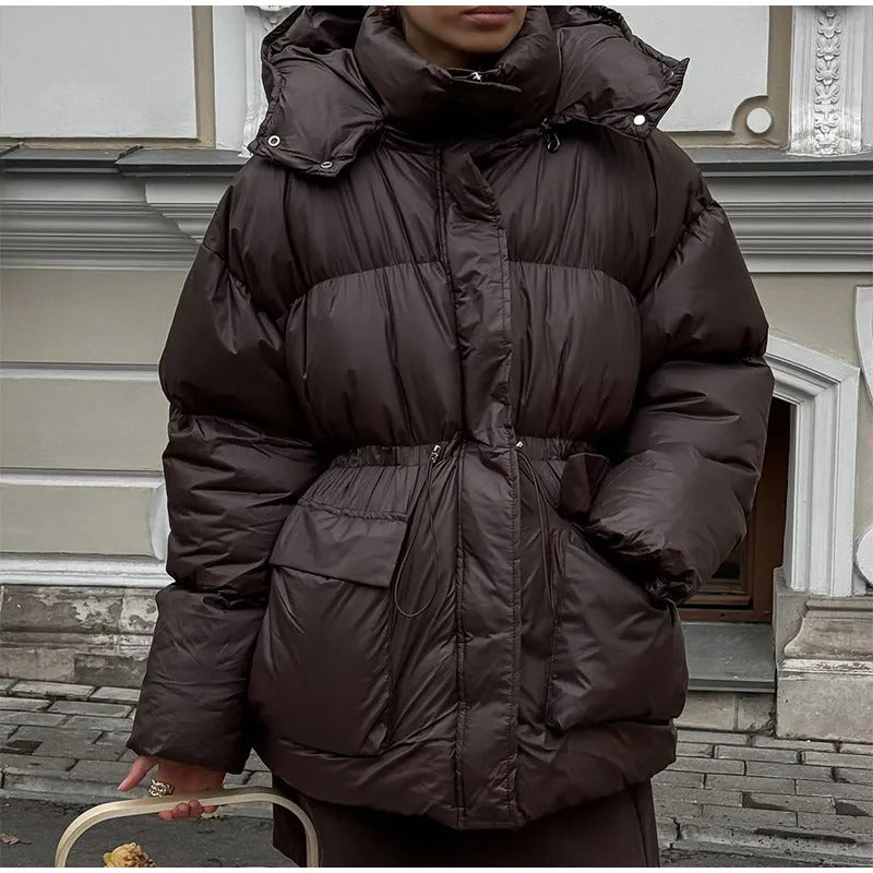 2024 Women Fashion Solid Drawstring Quilted Cotton Coat Winter Thicken Warm Pockets Zipper Hooded Jackets Chic Ladies Streetwear