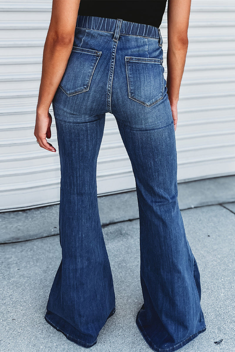 Blue Elastic High Waist Flare Jeans