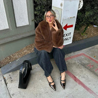 Brown Lapel Faux Fur Short Coat Women Fluffy Long Sleeve Warm Thick Loose Jacket 2024 Autumn Winter Lady High Street Outwear ﻿