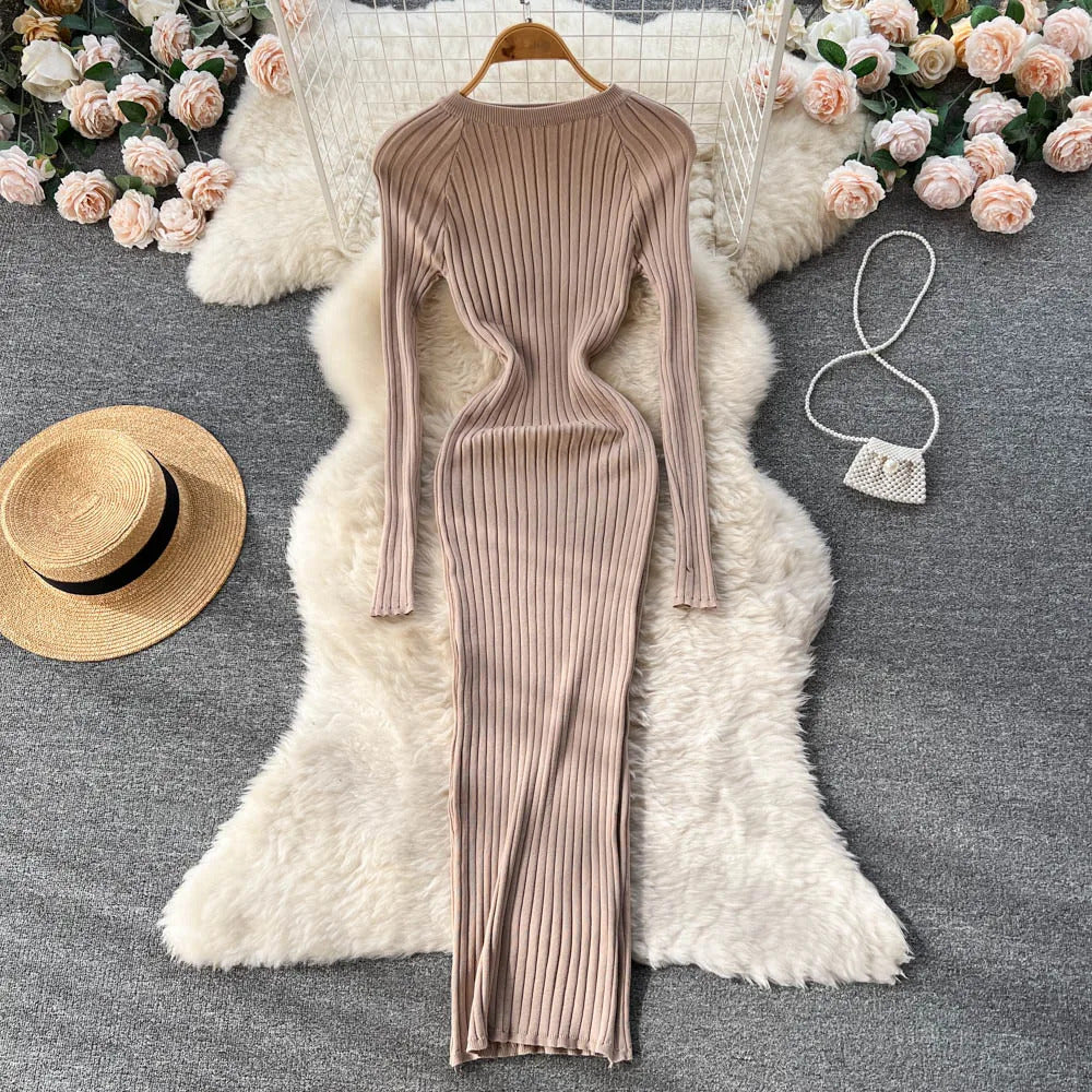 SINGREINY Winter Women Knit Maxi Dress O Neck Autumn Long Sleeve Slim Solid Harajuku Ladies Fashion Pencil Sweater Long Dresses