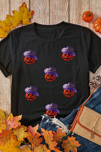 Black Sequin Hat Pumpkin Graphic Crewneck Halloween T Shirt