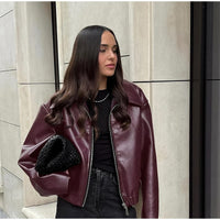 Elegant Burgundy Faux Leather Jackets Women Fashion Lapel Zipper Long Sleeve Female Coats 2024 Autumn Winter Lady Street Outwear