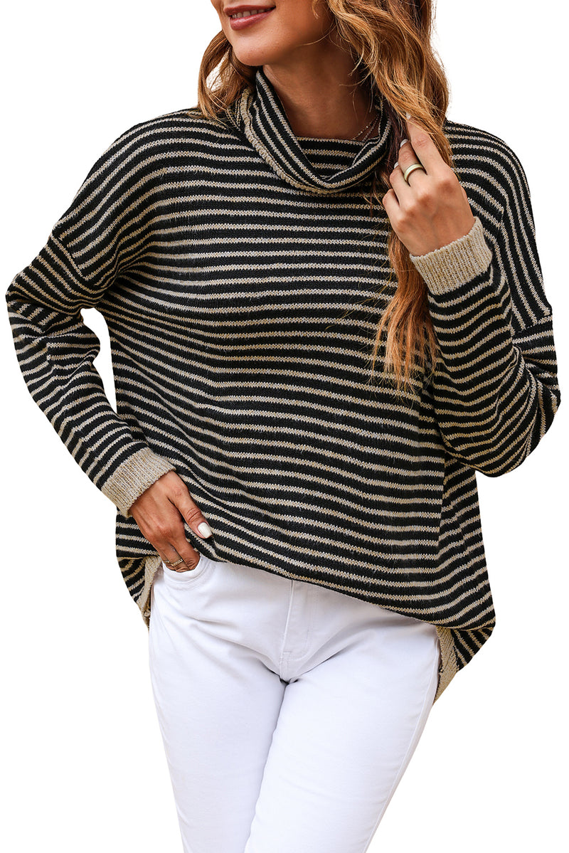 Khaki Striped Turtleneck Loose Sweater