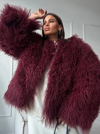 Burgundy Fluffy Faux Fur Warm Short Coat Lady Elegant Round Neck Long Sleeve Cardigan Jacket 2024 Women Winter Street Outerwear