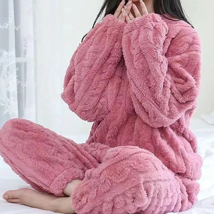 Autumn Women Solid Warm 2 Piece Sets Thicken Velvet Ribbed Fleece Set Pullover And Pants Women Casual Pajama Sets 2024