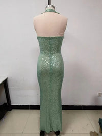 Sexy Halter Deep V Neck Sequins Maxi Dress Women Green Sleeveless Backless Sequined Slim Long Dresses Celebrity Party Gowns