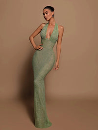 Sexy Halter Deep V Neck Sequins Maxi Dress Women Green Sleeveless Backless Sequined Slim Long Dresses Celebrity Party Gowns