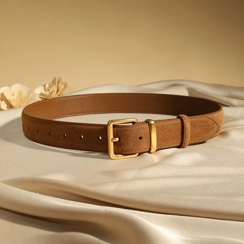 Luxury Suede Cowhide Leather Belt for Women, Vintage Style with Gold Buckle, 3.3cm Wide Waistband for Dresses & Jeans