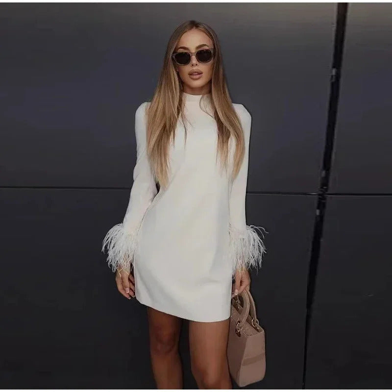 White Feather Party Short Dress Women Patchwork Long Sleeve Zipper Dresses Female 2024 Elegant Fashion Cocktail A-line Lady Robe