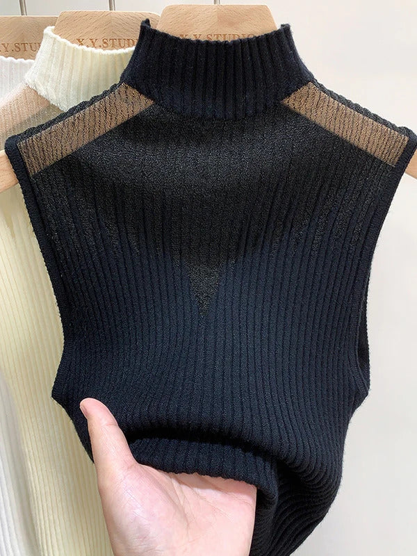 Mesh Knitted Top Women Y2K Tank Top Half Neck Vest Female Sleeveless Sweater Chic Cut Out Streetwear Solid Skinny Tube Top