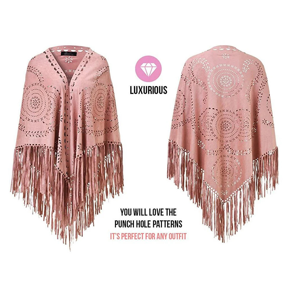 Women's Loose Suede Fringe Open Poncho Cloak Shawl Wrap with Punch Hole Patterns and Graceful Fringes Dropshipping