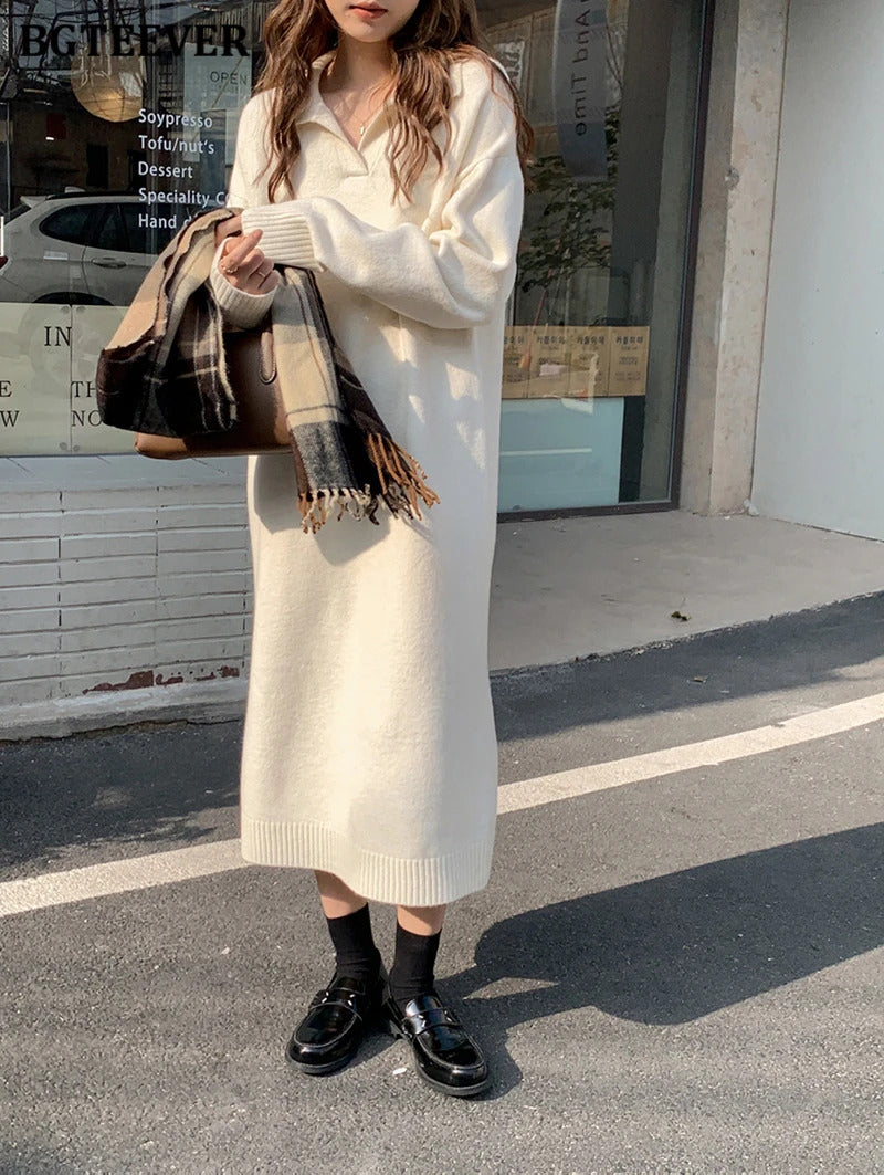 BGTEEVER Casual Thicken Warm Loose Sweater Dress Women Autumn Winter Lapel Full Sleeve Solid Long Knitted Dress Female vestidos