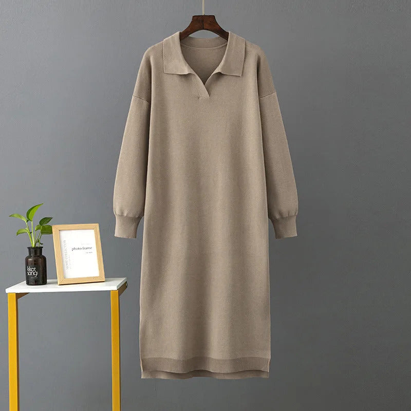 HLBCBG New Straight Autumn Winter Long Sweater Dress Women Split Side Long POLO Neck Maix Sweater Dress Female Basic Loose Dress