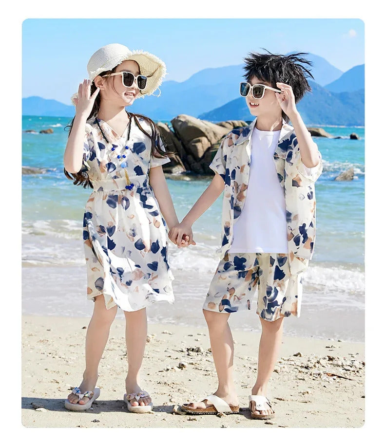 2024 Summer Holiday Family Vacation Look Clothes Dad and Son Shirts Two Piece Outfits Sets Mom and Daughter Short Sleeve Dress